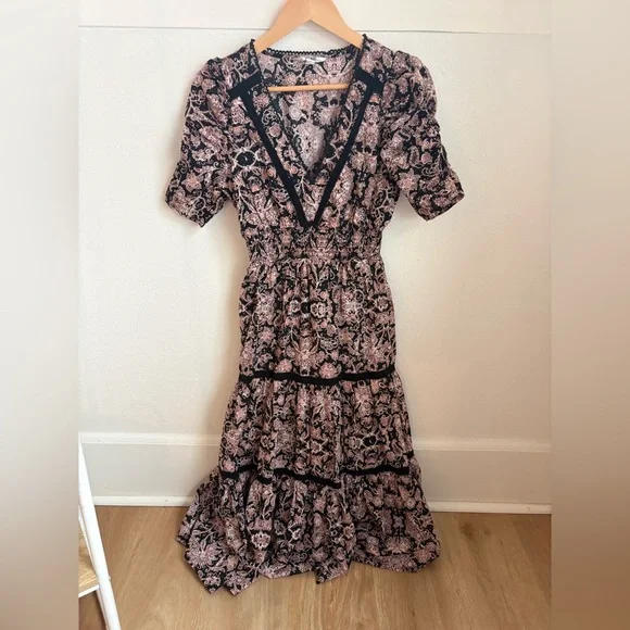 BB Dakota Blush and Black Floral Tiered Midi Dress - Picture 3 of 10